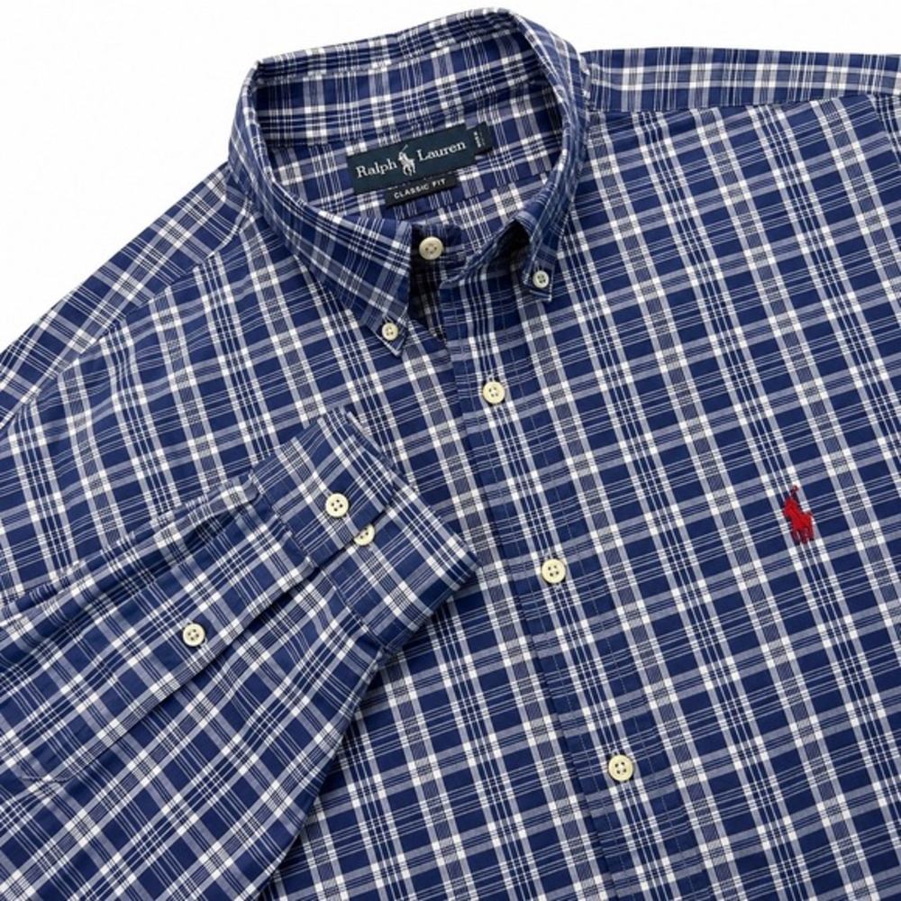 Ralph Lauren Men's 17 34/35 Blue Plaid Classic Fit Button Down Dress Shirt
